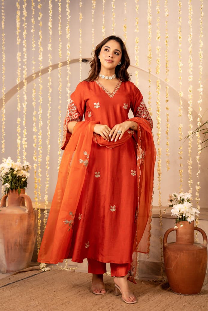 RUST ORANGE & HOT RED MUL CHANDERI CRYSTAL DRESS