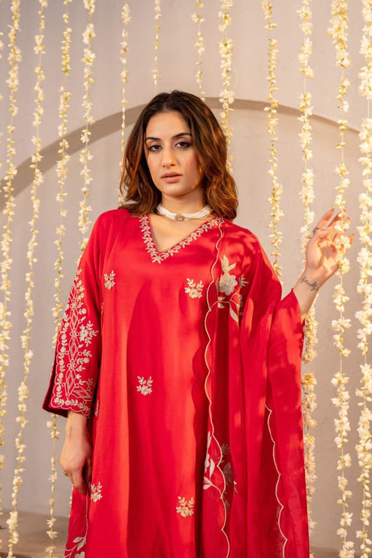 RUST ORANGE & HOT RED MUL CHANDERI CRYSTAL DRESS