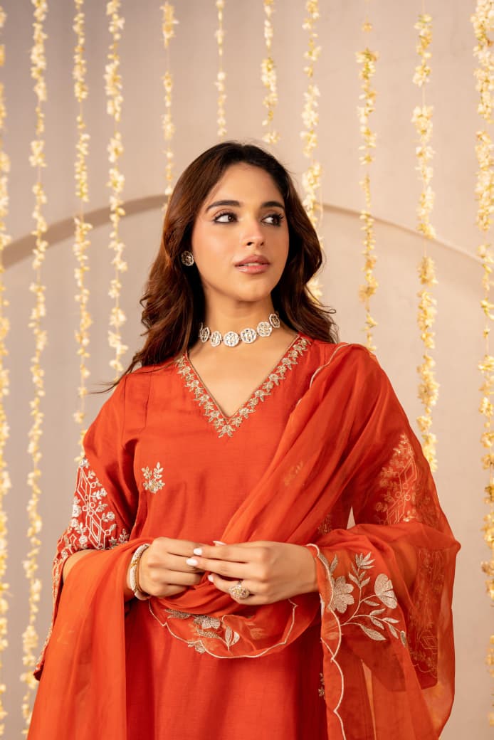 RUST ORANGE & HOT RED MUL CHANDERI CRYSTAL DRESS