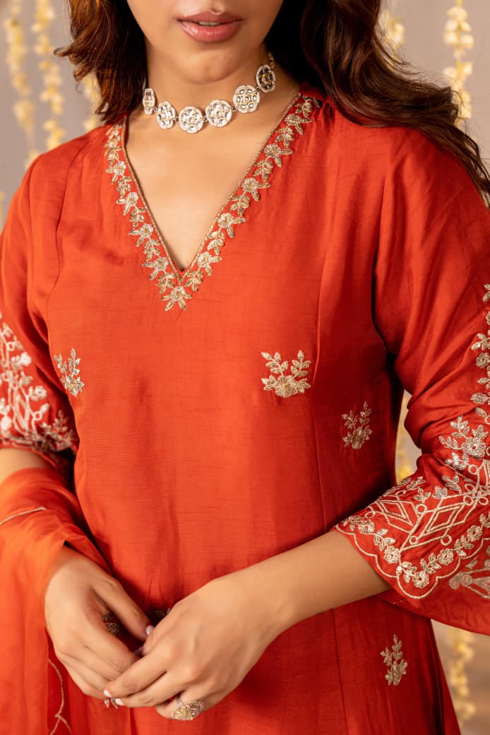 RUST ORANGE & HOT RED MUL CHANDERI CRYSTAL DRESS