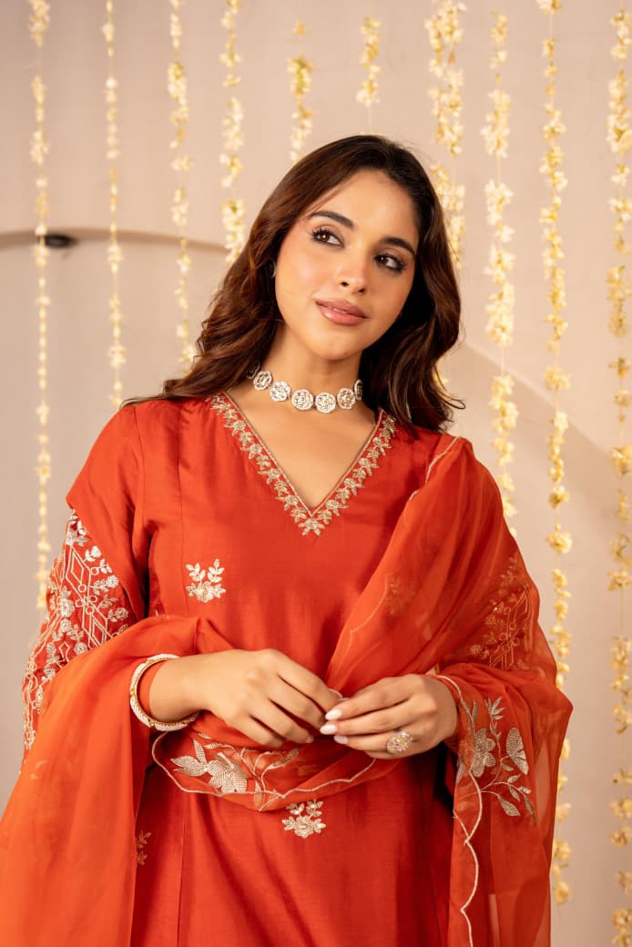 RUST ORANGE & HOT RED MUL CHANDERI CRYSTAL DRESS