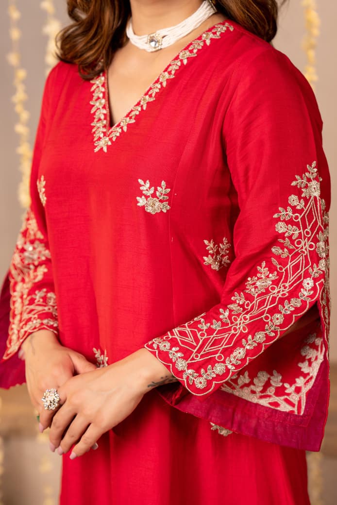 RUST ORANGE & HOT RED MUL CHANDERI CRYSTAL DRESS