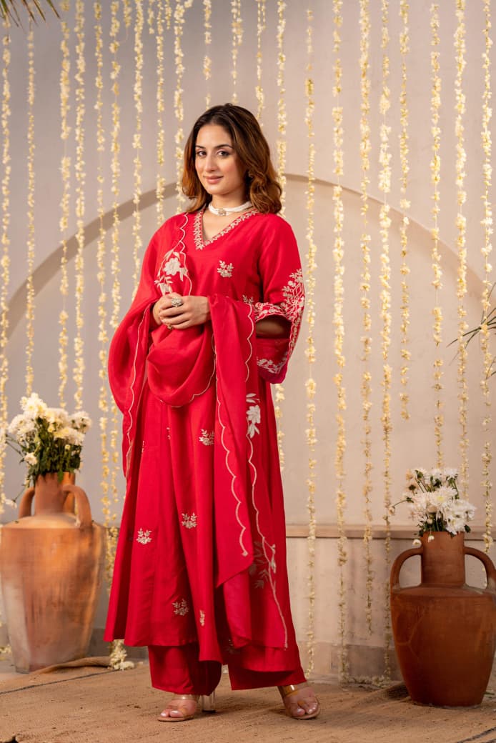 RUST ORANGE & HOT RED MUL CHANDERI CRYSTAL DRESS