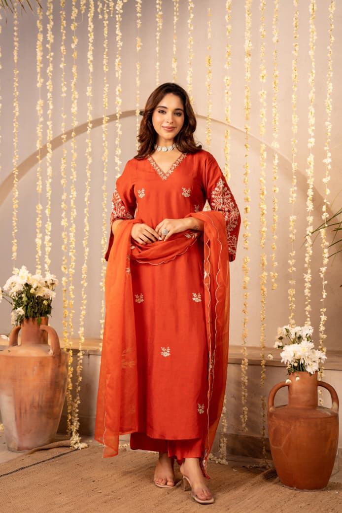 RUST ORANGE & HOT RED MUL CHANDERI CRYSTAL DRESS