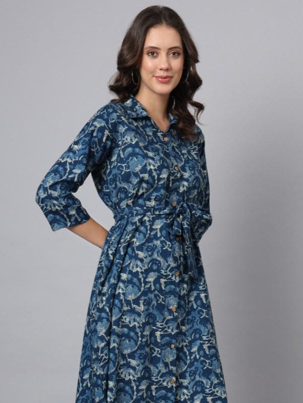 Navy Blossom Cotton Shirt Dress