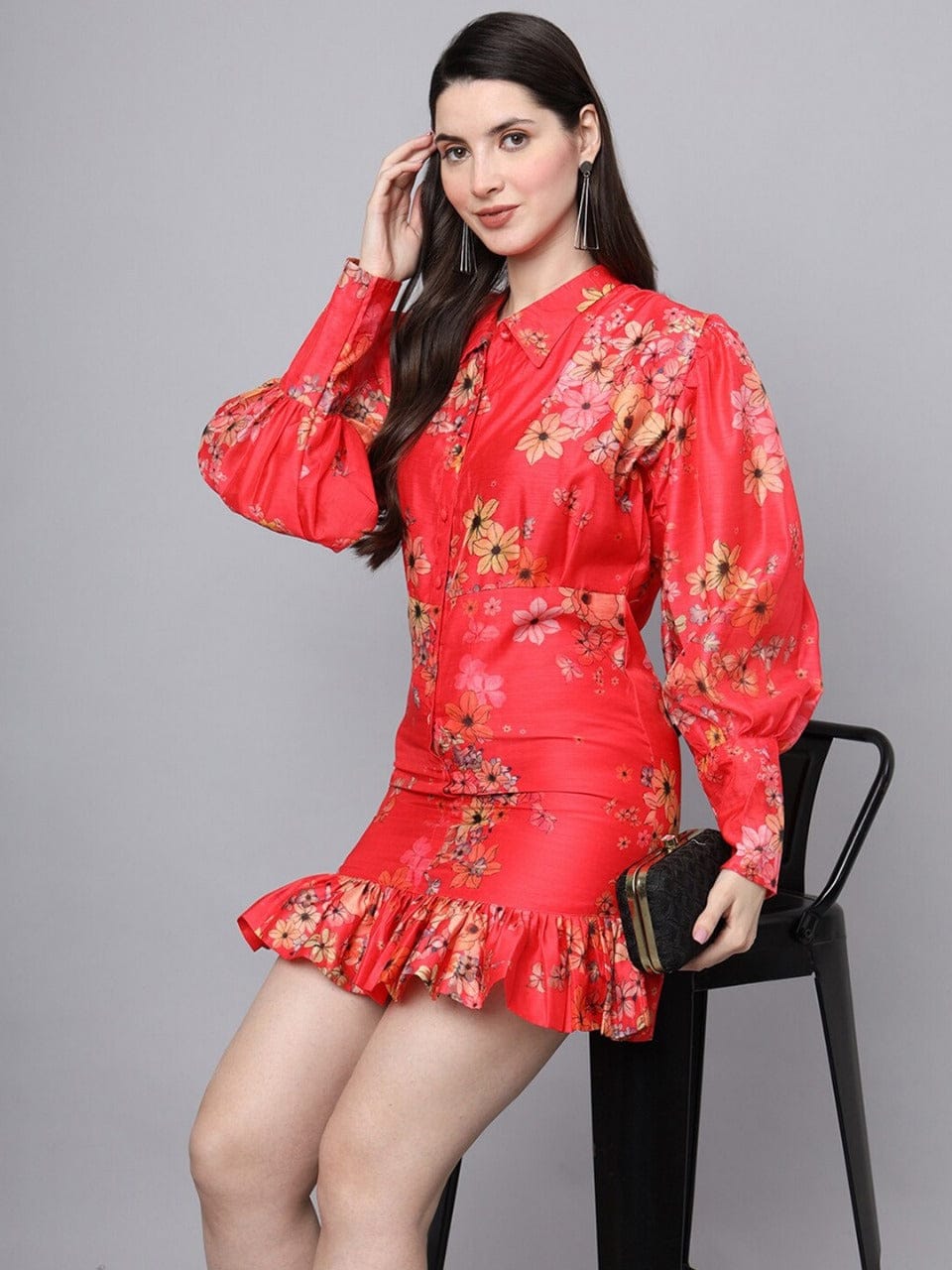 Rust Elegance Chanderi Flounce Dress