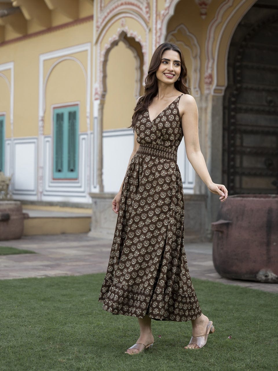 Brown Floral Print Fit & Flare Dress
