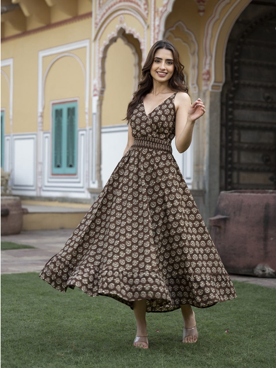 Brown Floral Print Fit & Flare Dress