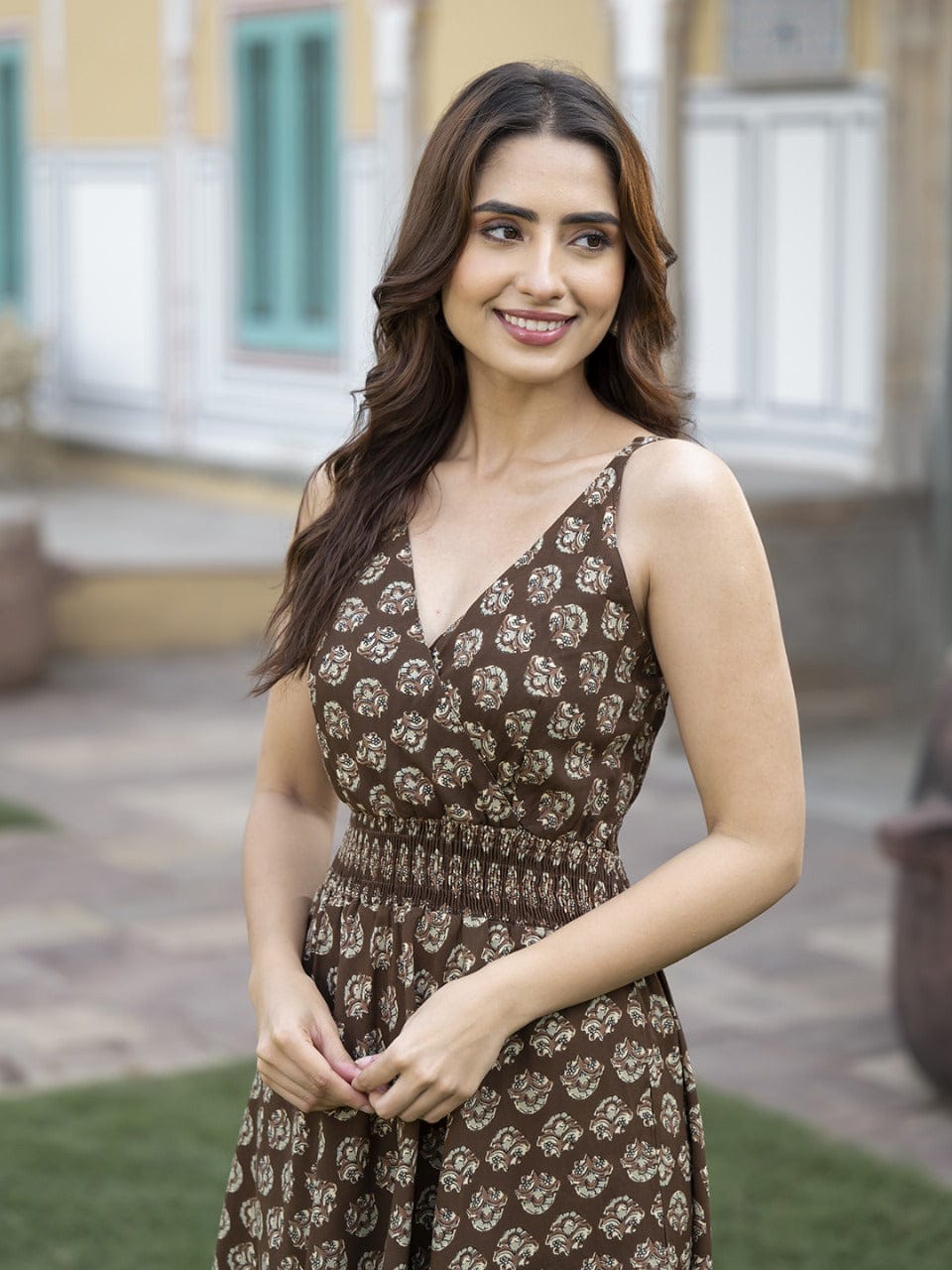 Brown Floral Print Fit & Flare Dress
