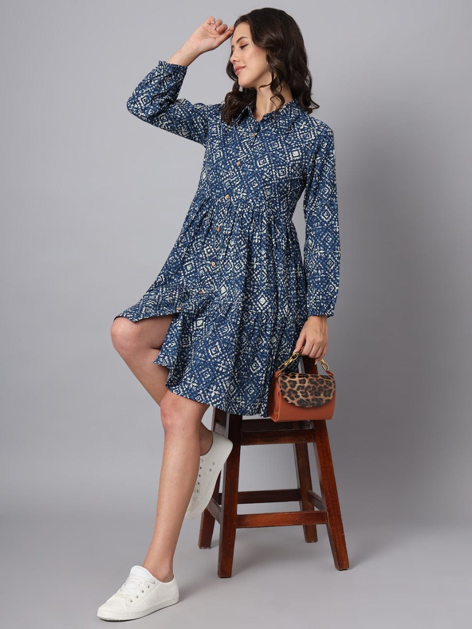 Navy Blue Floral Print Shirt Dress