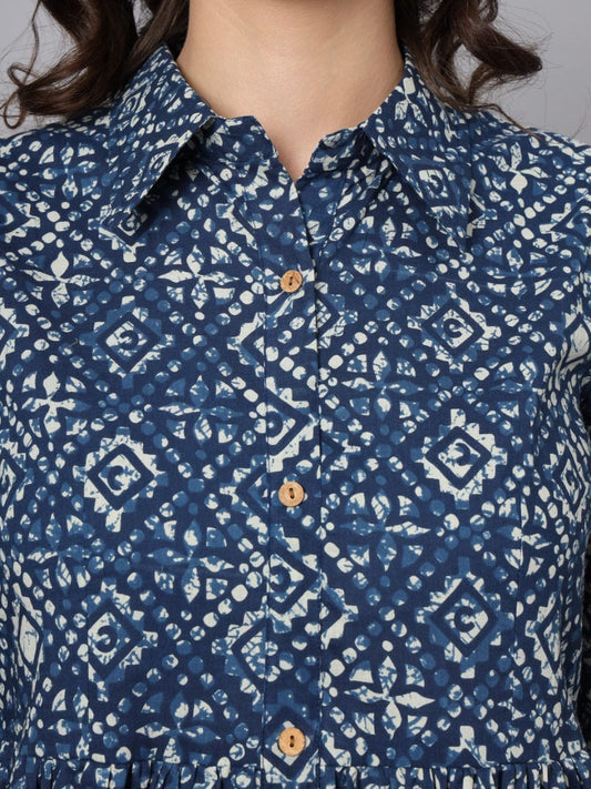 Navy Blue Floral Print Shirt Dress