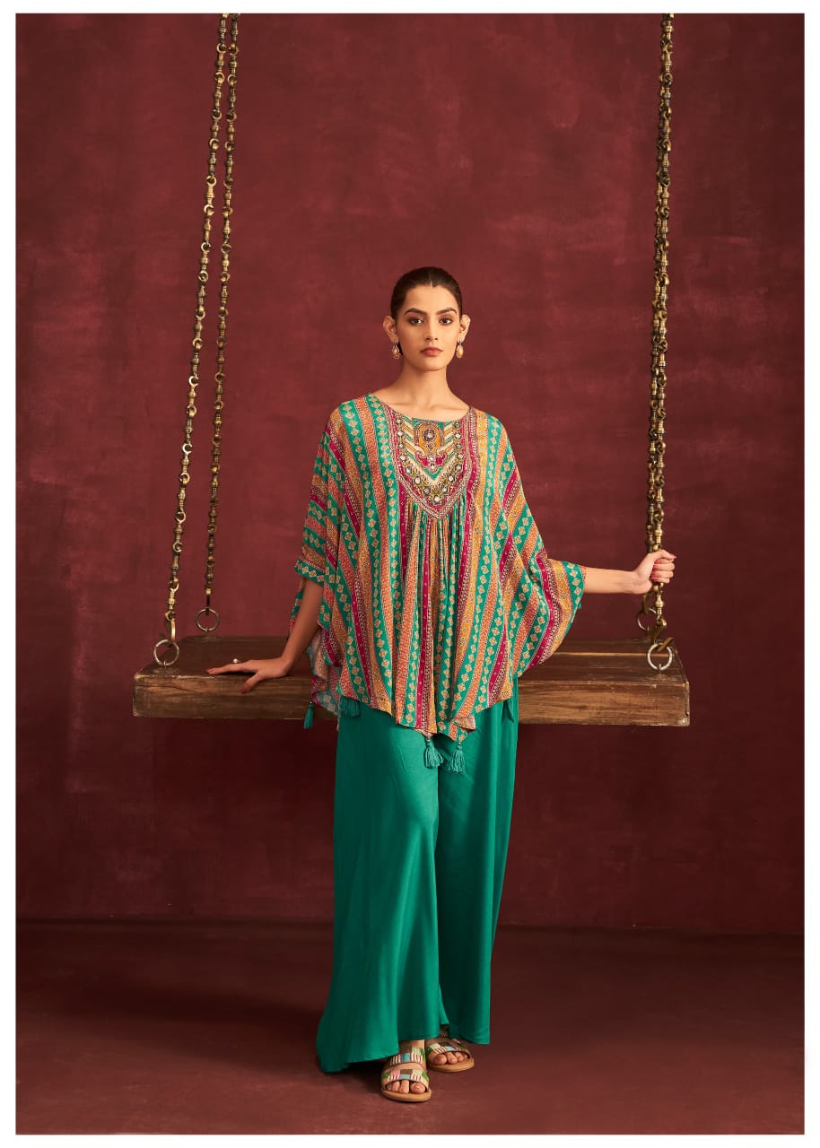 Emerald Radiance Crape Kaftan Set