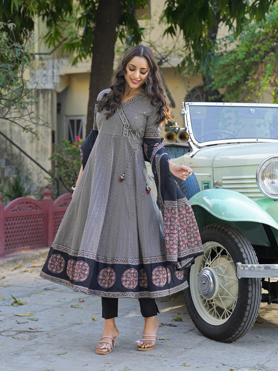 Graceful Grey Angrakha Anarkali Set