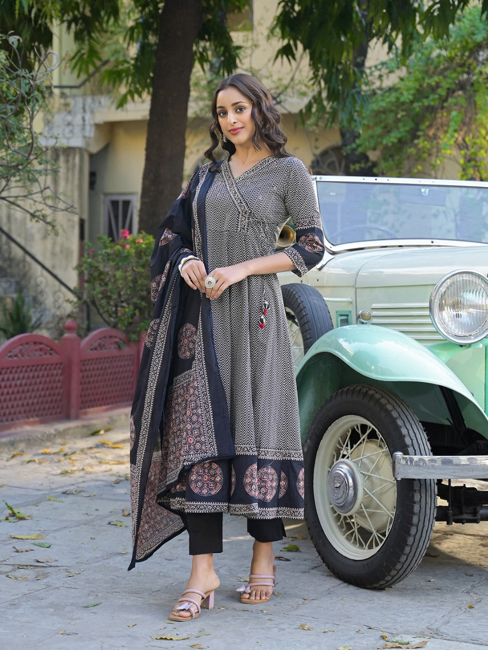 Graceful Grey Angrakha Anarkali Set