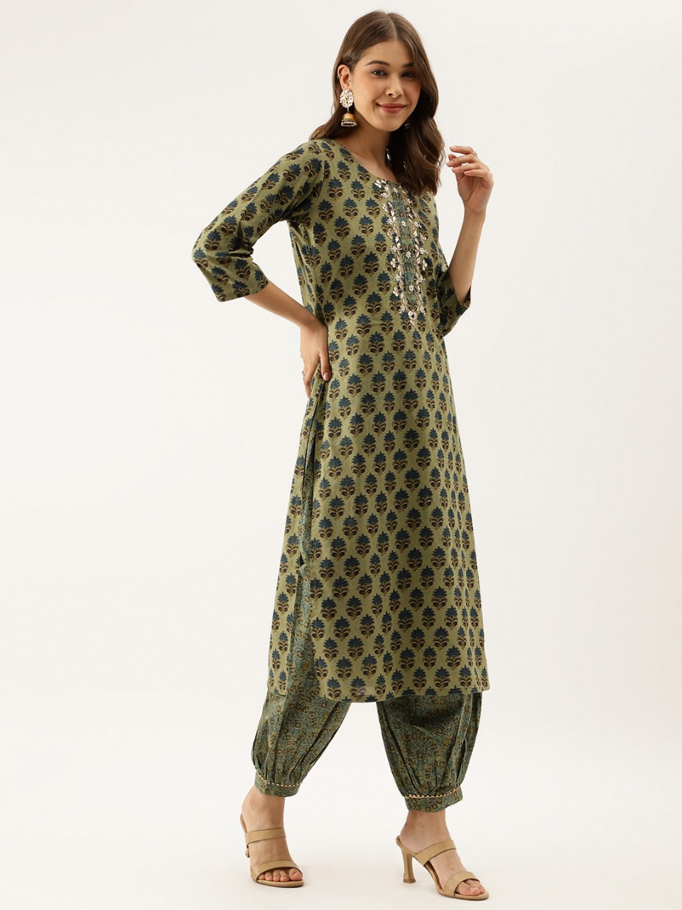 Emerald Blossom Cotton Kurta Set