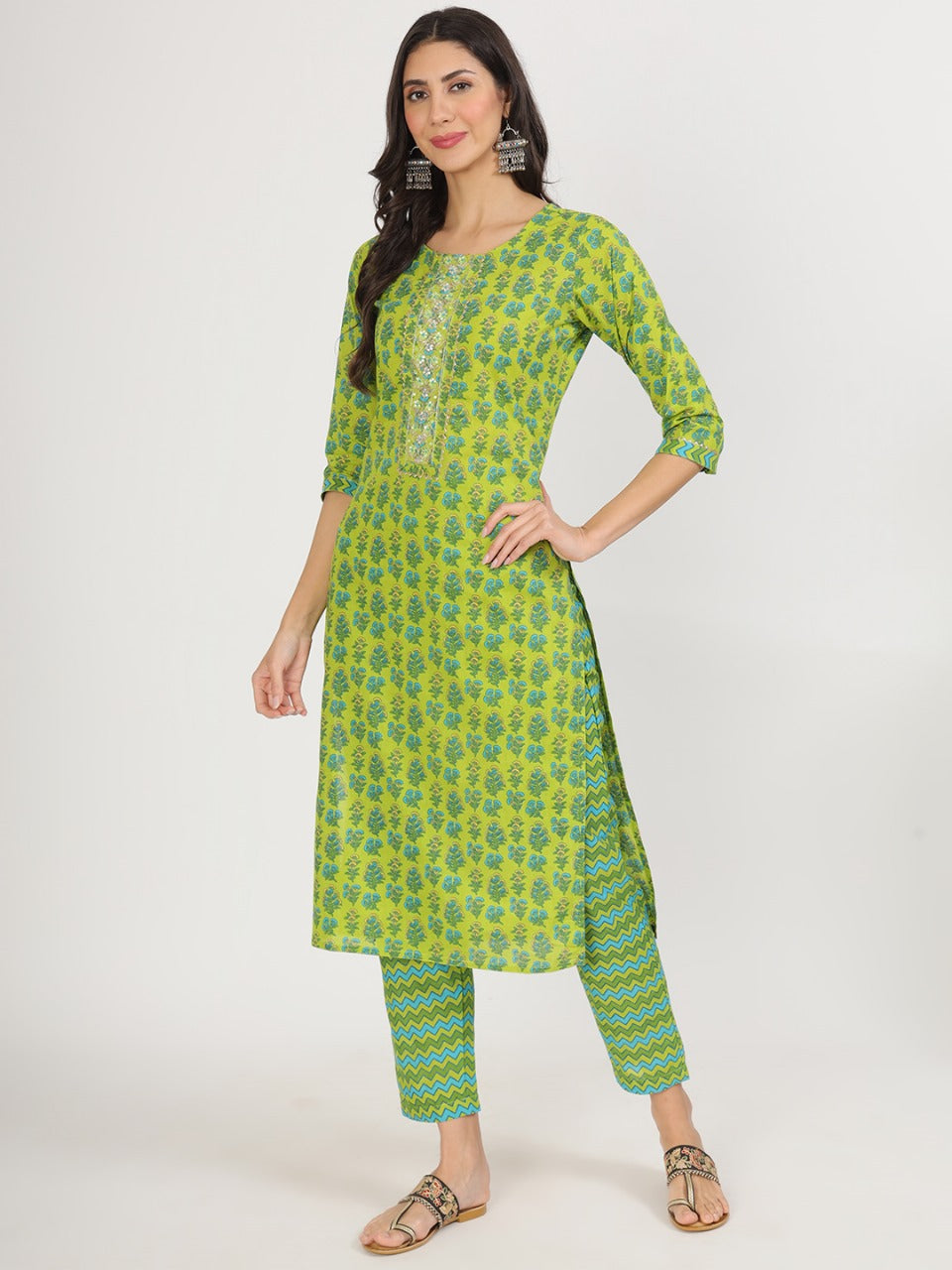 Serene Bloom Green Cotton Kurta Set